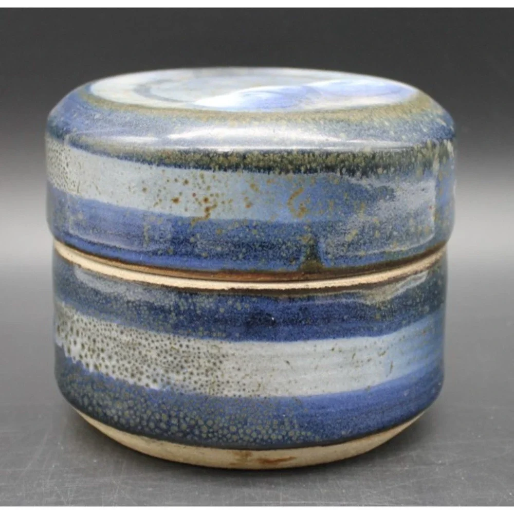 Studio Pottery Lidded Jar Blue Speckled Stoneware Trinket Box Handmade 4in